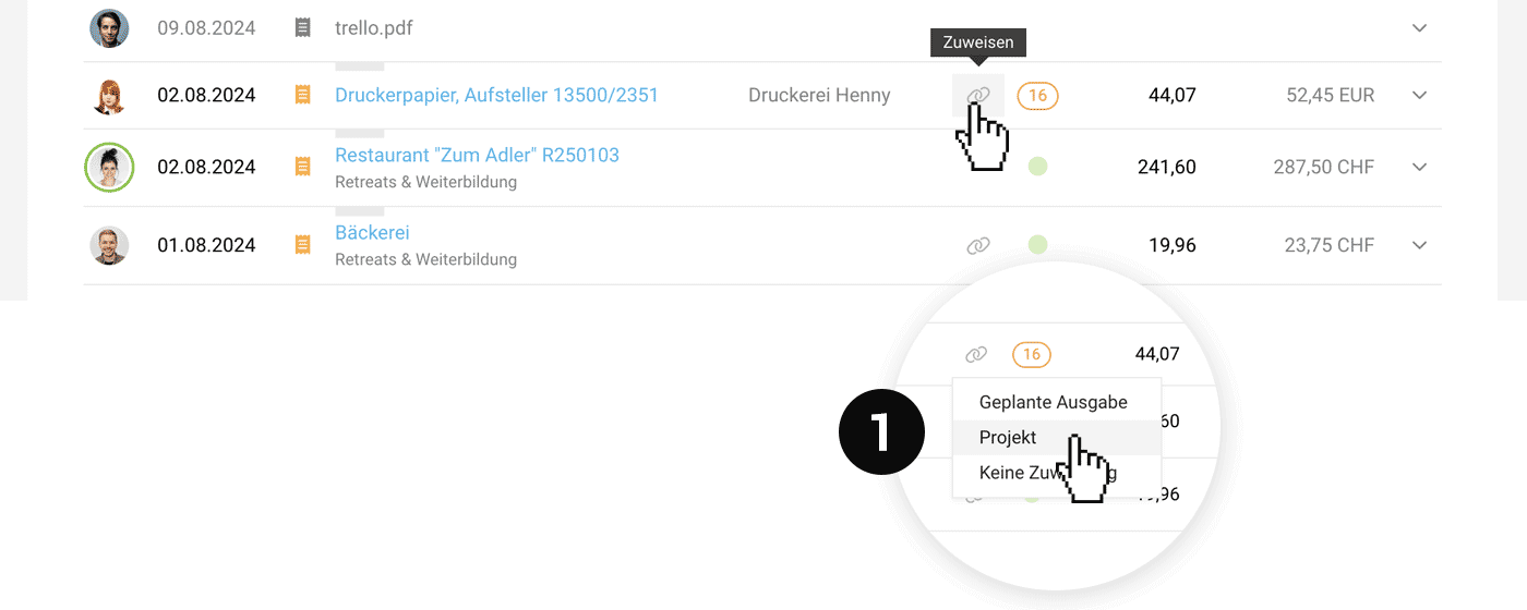 Ausgaben bzw. Eingangsrechnungen einem Projekt zuweisen