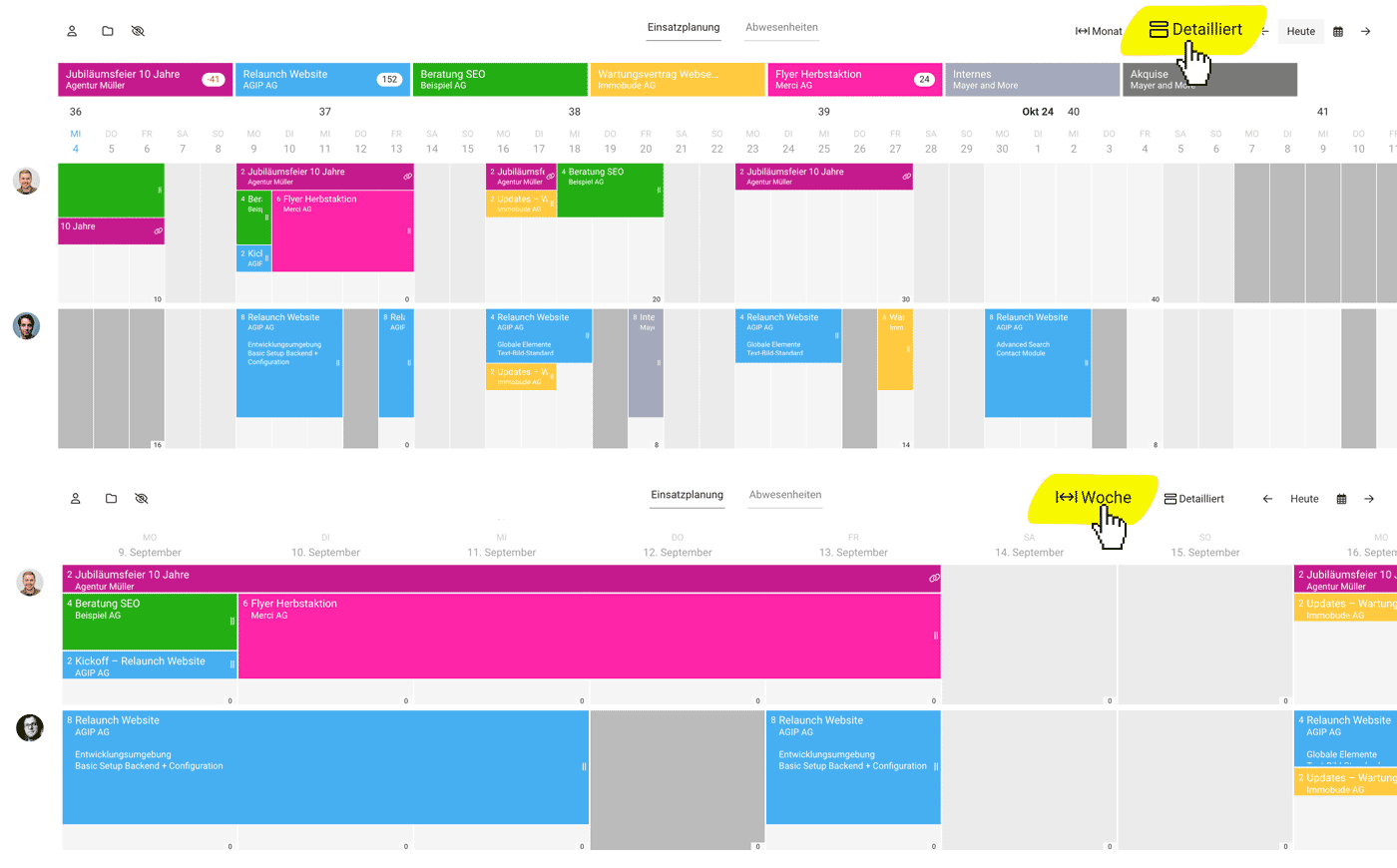 Wochenansicht Zoom Kapazitätsplanung Personal & Projekte