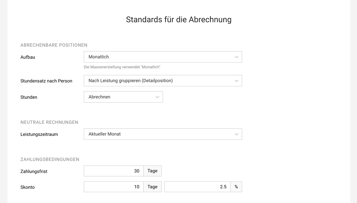 Einstellungen Rechnungserstellung time & material