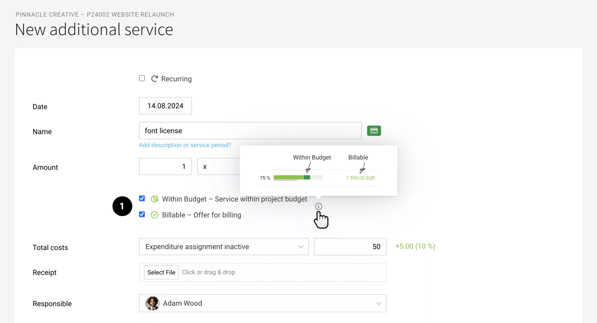 Settings for additional services: billable and within budget