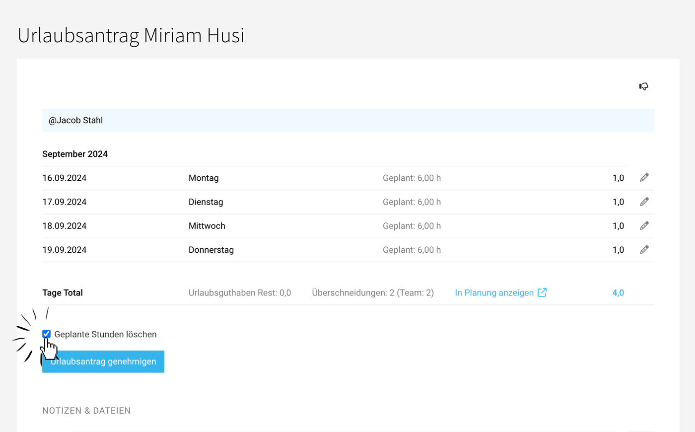 Urlaubsantrag löscht geplante Stunden in MOCO ERP Agentursoftware