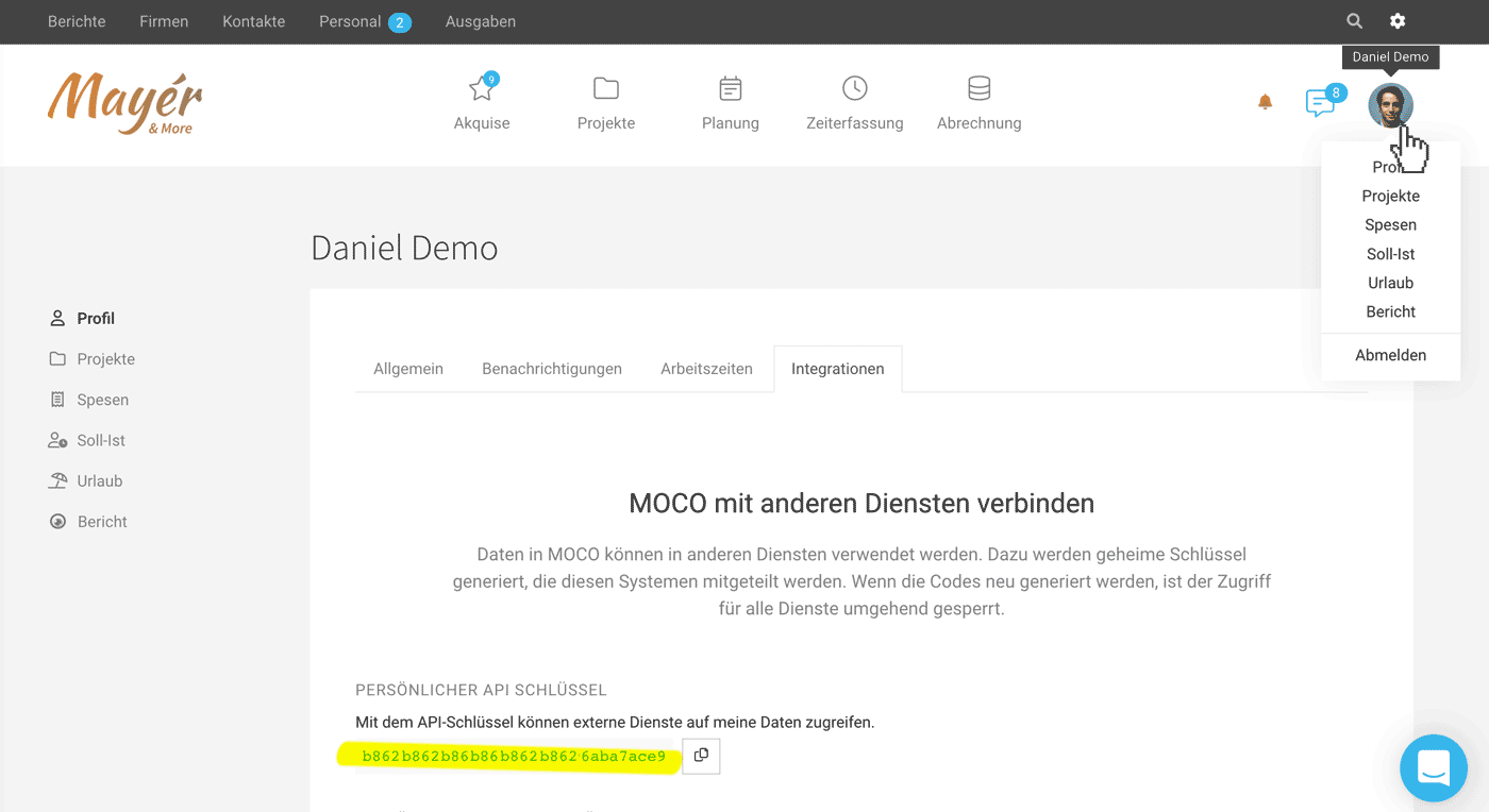 API Schlüssel MOCO im Profil