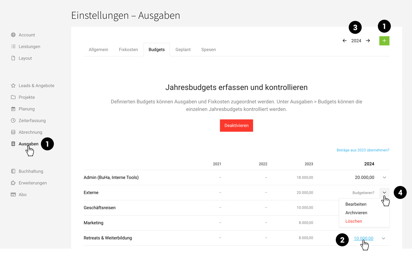 Einstellungen zu Kostenstellen Ausgabenbudgets in MOCO ERP