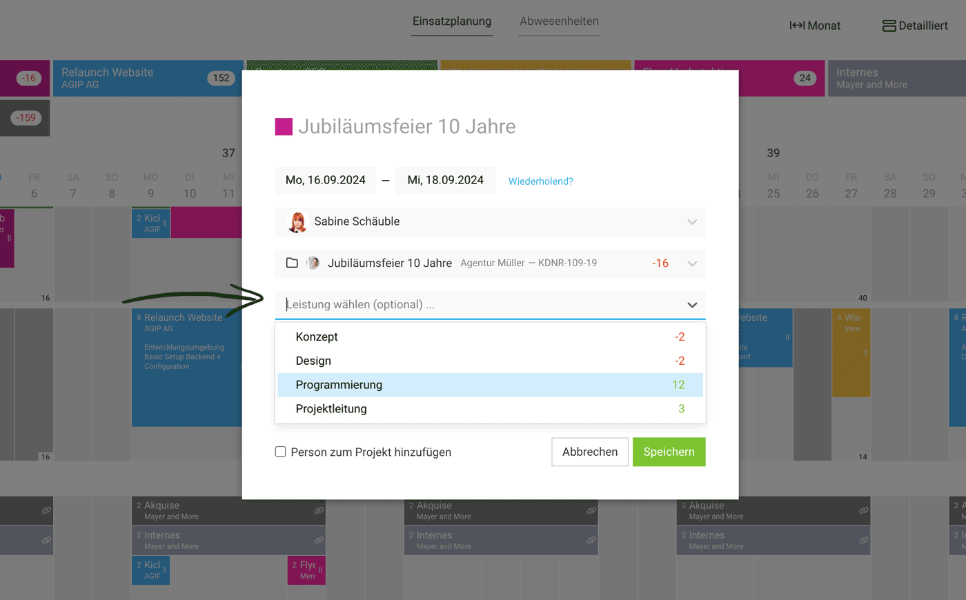 Leistungen planen in MOCO